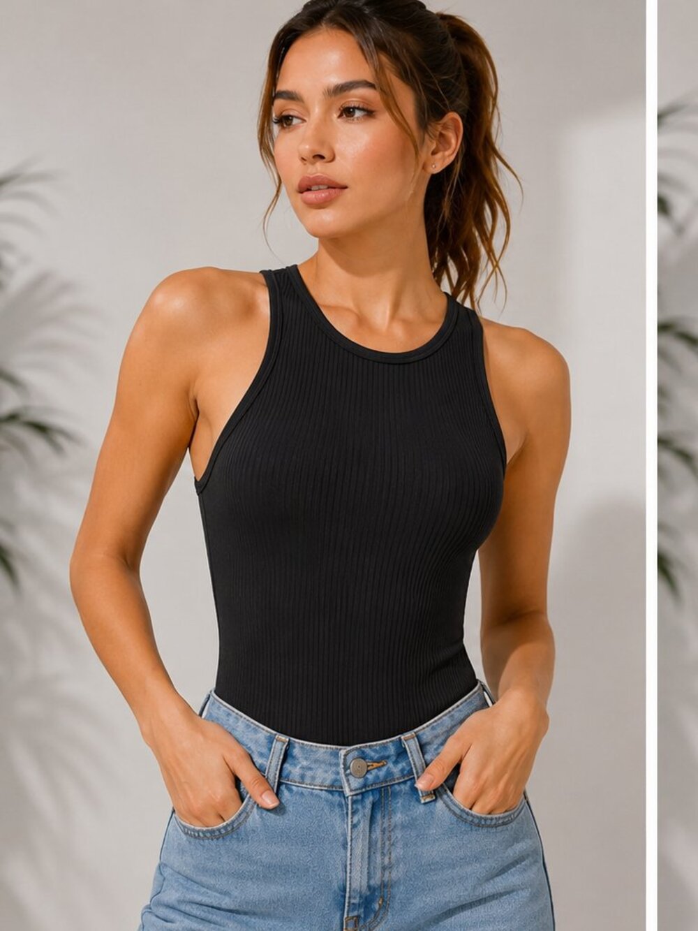 Black Ribbed Racerback Cutout Bodysuit Size Small Stretch Sleeveless